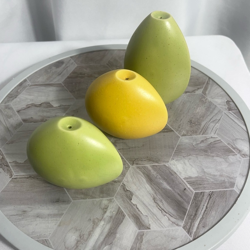 Set of Three Ceramic Salt and Pepper Shakers in Yellow and Green Made in Japan